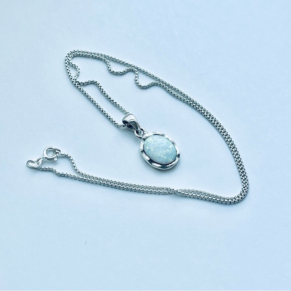 Sterling Silver Wavy White Lab Opal Necklace, October Birthstone Necklaces - Picture 1 of 11